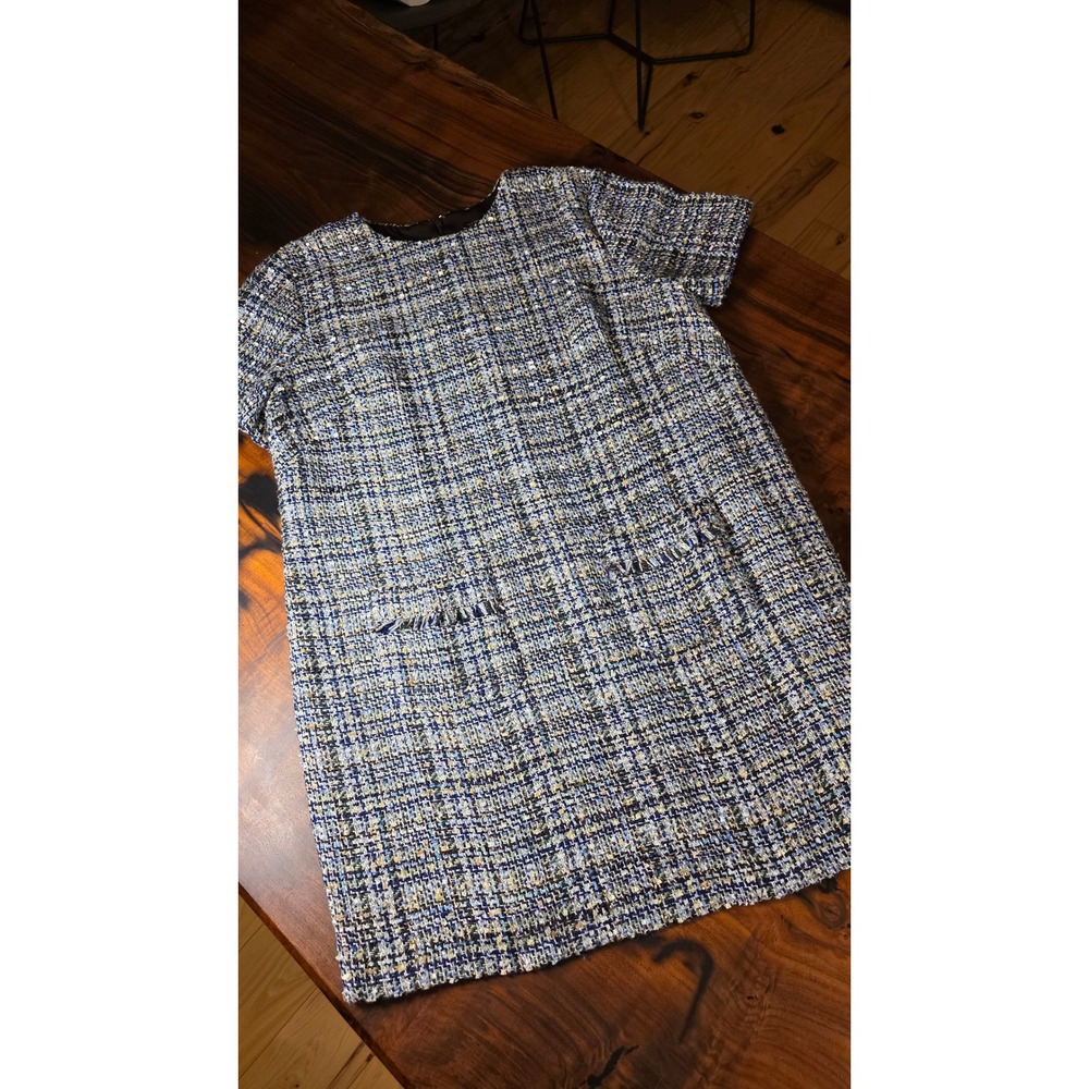 Classic Tweed Shift Dress in Blue and Cream - Women's